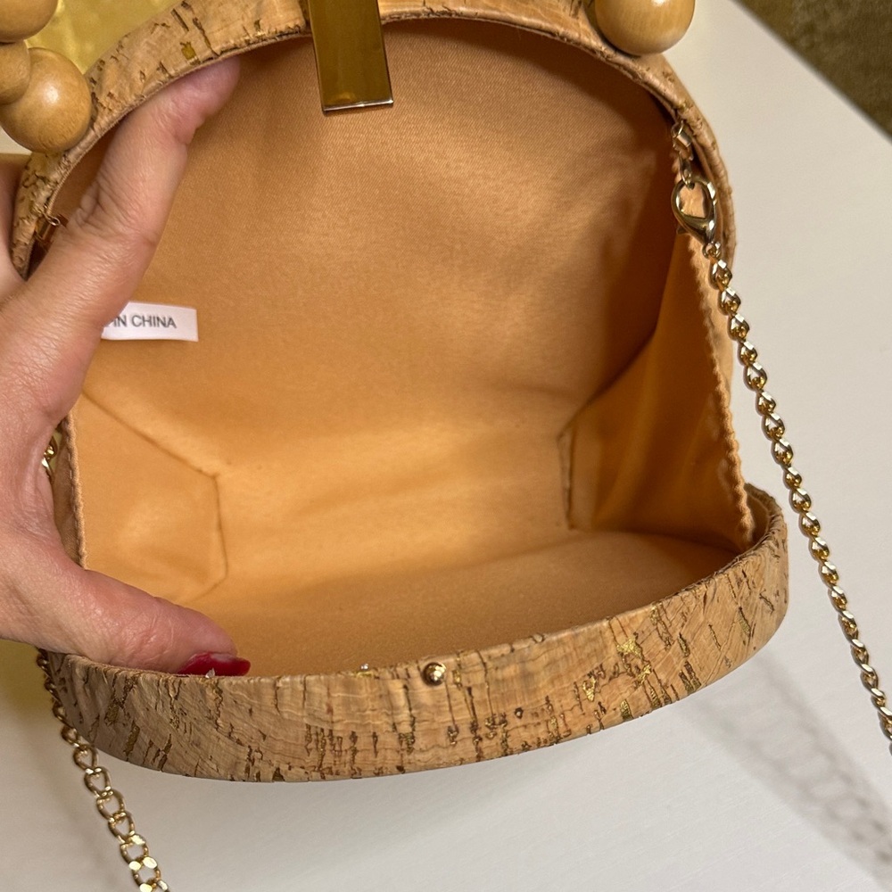Tan Round Cork Crossbody with a wooden beaded top handle and gold tone chain - Picture 4 of 9